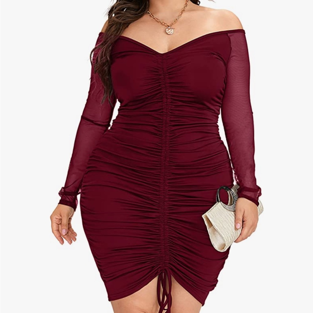 LAPA Women's Plus Size Off Shoulder Ruched Bodycon Mesh Long Sleeve Dress; XL